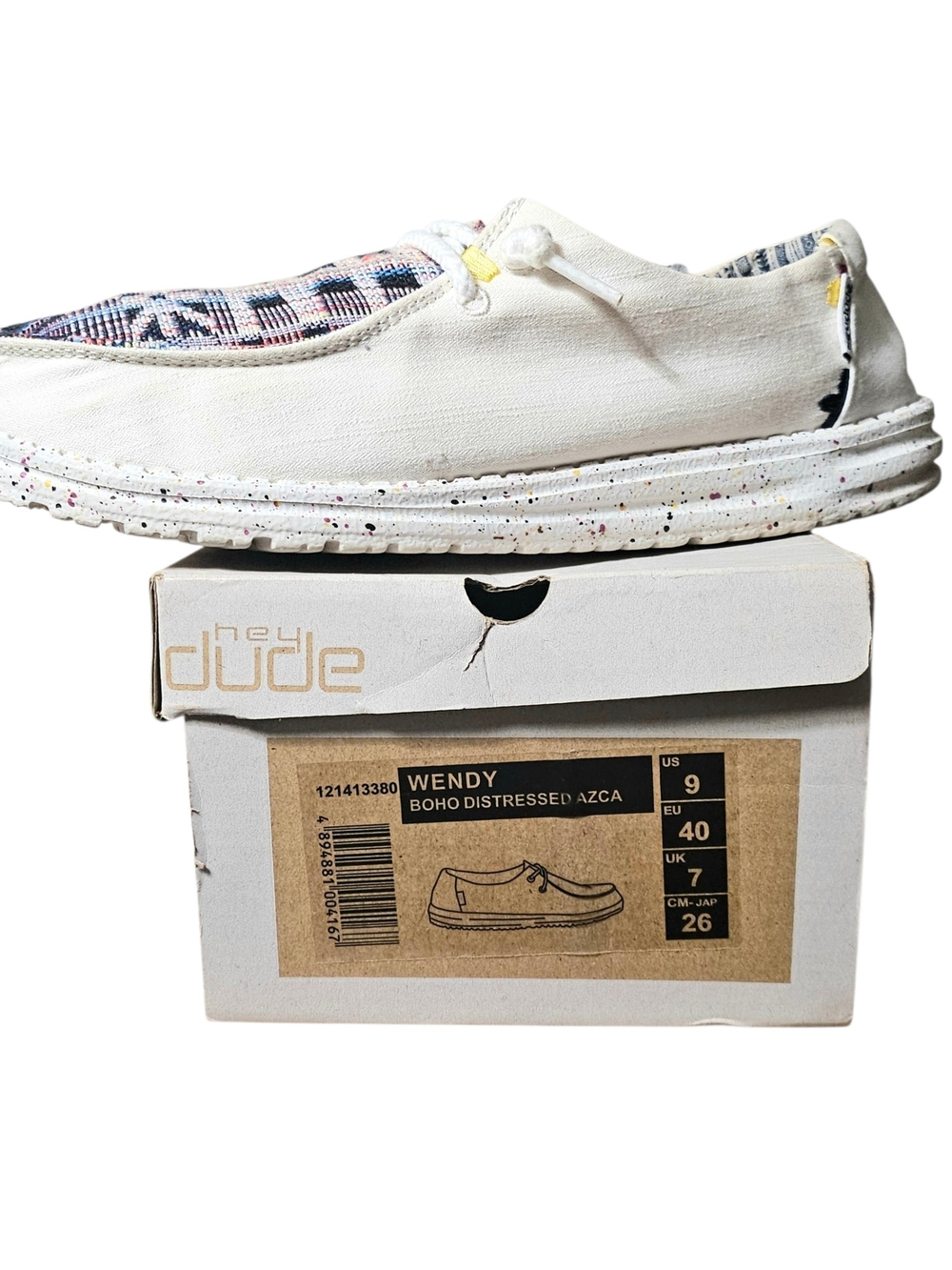 Hey Dude Boho Distressed Azca Sneakers in White with Multi Woven Accents - Picture 3 of 9